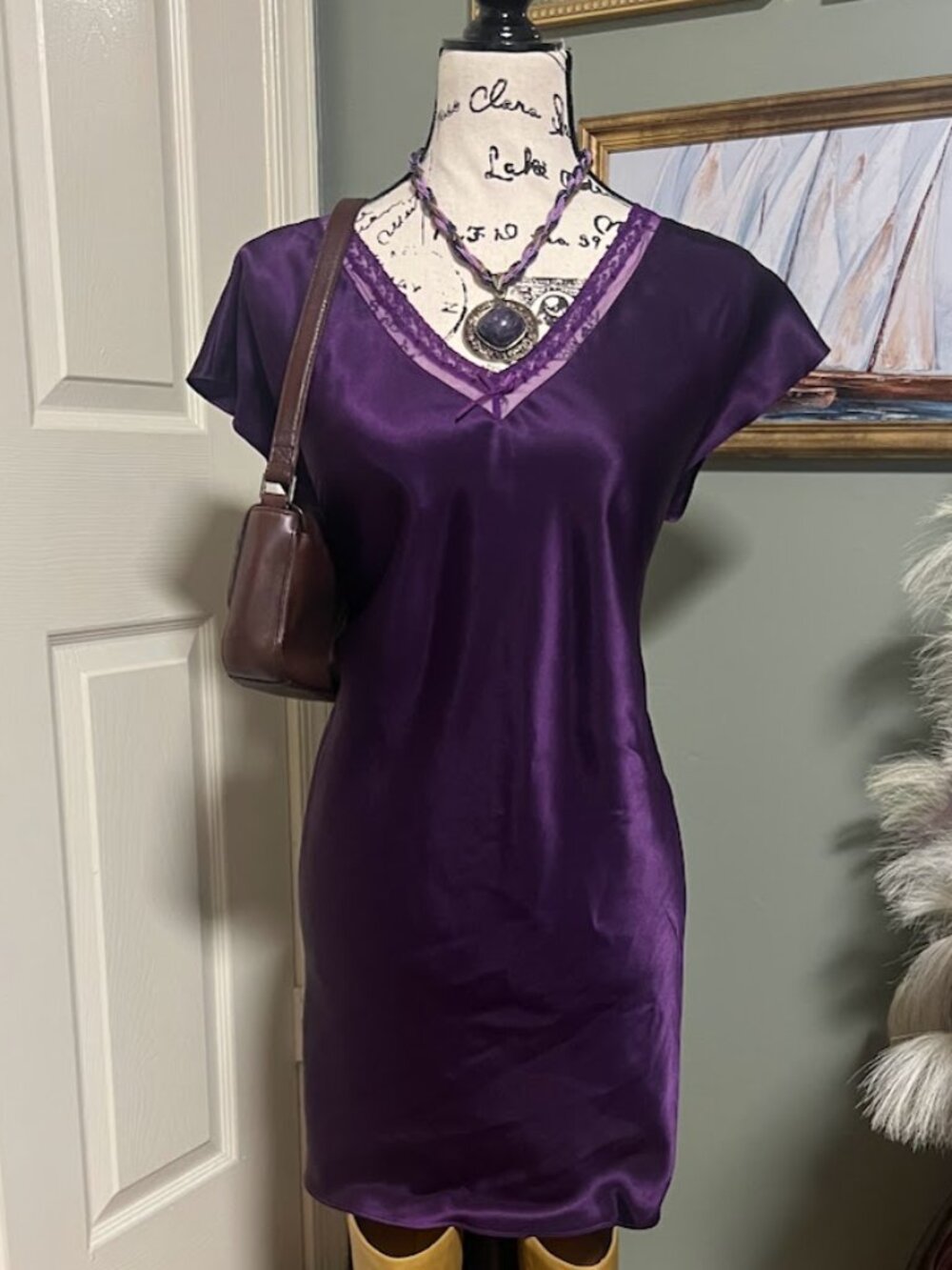 Morgan Taylor Purple Satin Slip Nightgown Romantic Goth Y2K Lingerie SZ M